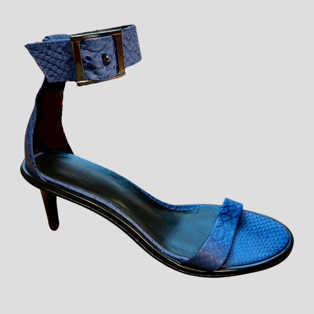 $545 Tibi Blue Snakeskin Leather Strap Sandals Kitten Heels Size 38.5 / US 8.5